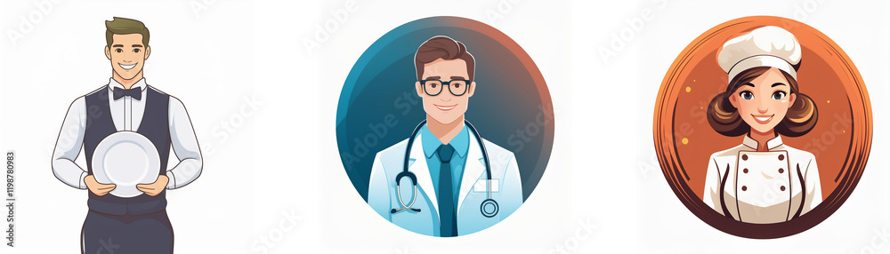 Three diverse professionals: a waiter holding a plate, a doctor with a stethoscope, and a chef in a toque. Each is depicted in a circular avatar. Three diverse professionals: a waiter holding a plate, a doctor with a stethoscope, and a chef in a toque. Each is depicted in a circular avatar.