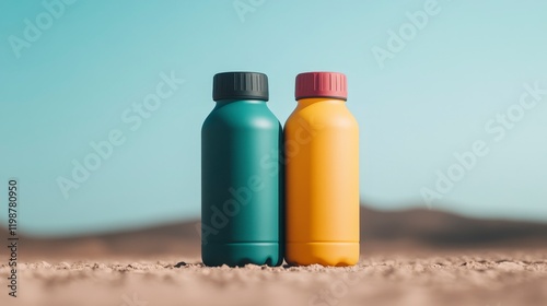 Colorful Bottles on Sandy Surface with Clear Blue Sky in Background