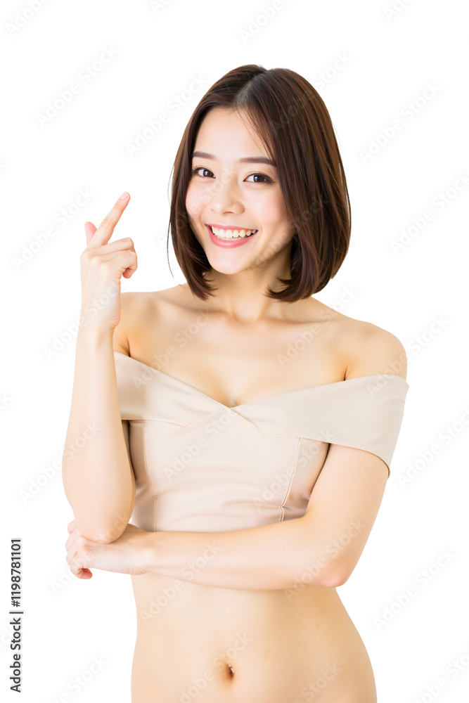 Beautiful Asian Woman Pointing Up – Friendly Gesture and Happiness Beautiful Asian Woman Pointing Up – Friendly Gesture and Happiness