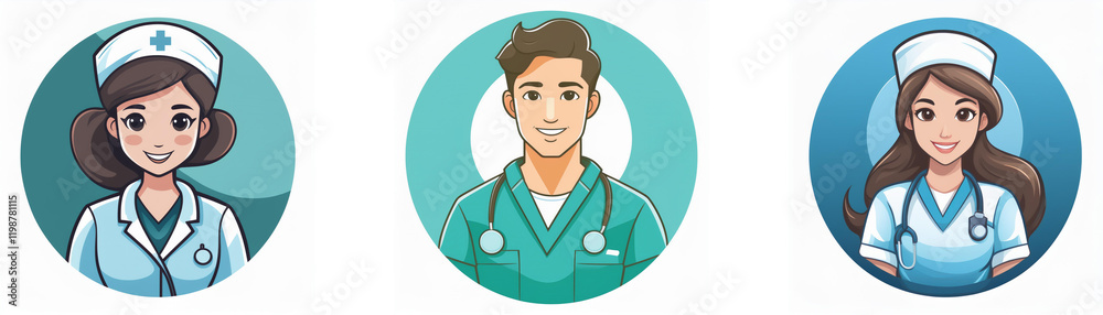 Three circular icons depict healthcare professionals: a female nurse, a male doctor, and another female nurse. All wear scrubs and stethoscopes. Three circular icons depict healthcare professionals: a female nurse, a male doctor, and another female nurse. All wear scrubs and stethoscopes.