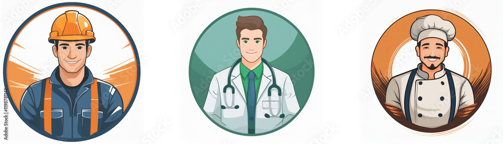 Fototapeta premium Three circular icons depict diverse professions: a construction worker, a doctor, and a chef. Each person is illustrated in a friendly, approachable style.