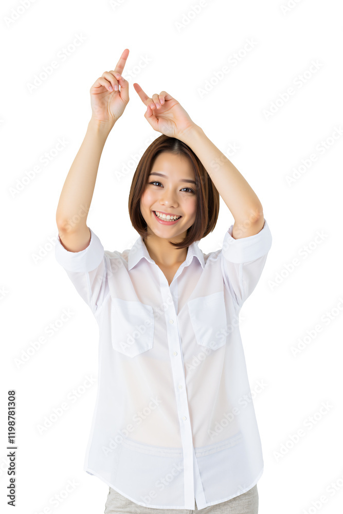 Beautiful Asian Woman Pointing Up – Friendly Gesture and Happiness