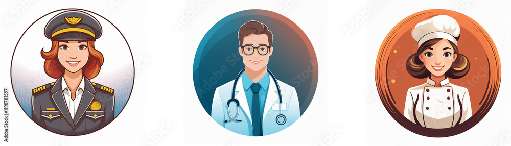 Three circular portraits depict diverse professionals: a pilot in uniform, a doctor with a stethoscope, and a chef in a white toque. Three circular portraits depict diverse professionals: a pilot in uniform, a doctor with a stethoscope, and a chef in a white toque.