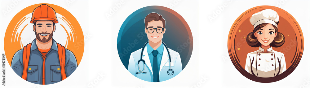 Fototapeta premium Three circular icons depict diverse professions: a construction worker, a doctor, and a chef. Each showcases a friendly, cartoon-style portrait.