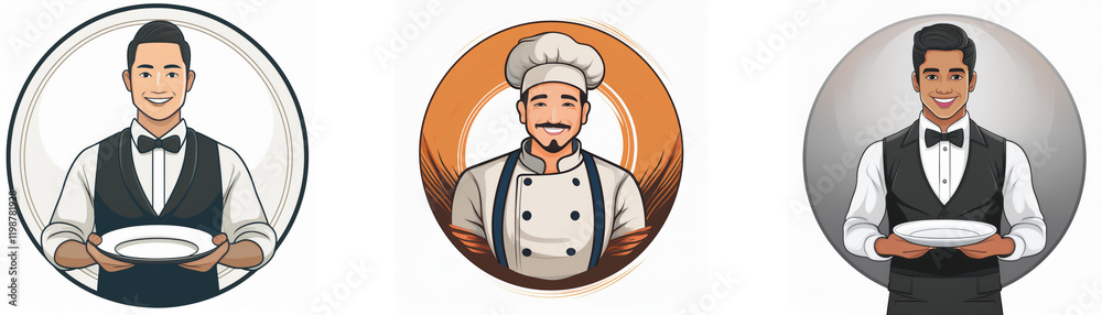 Three circular icons depict diverse culinary professionals: a waiter, a chef, and another waiter. Each holds an empty plate, symbolizing service and culinary excellence. Three circular icons depict diverse culinary professionals: a waiter, a chef, and another waiter. Each holds an empty plate, symbolizing service and culinary excellence.