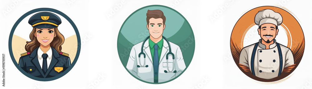 Fototapeta premium Three circular icons depict diverse professions: a female pilot, a male doctor, and a male chef. Each icon showcases a cartoon-style portrait.