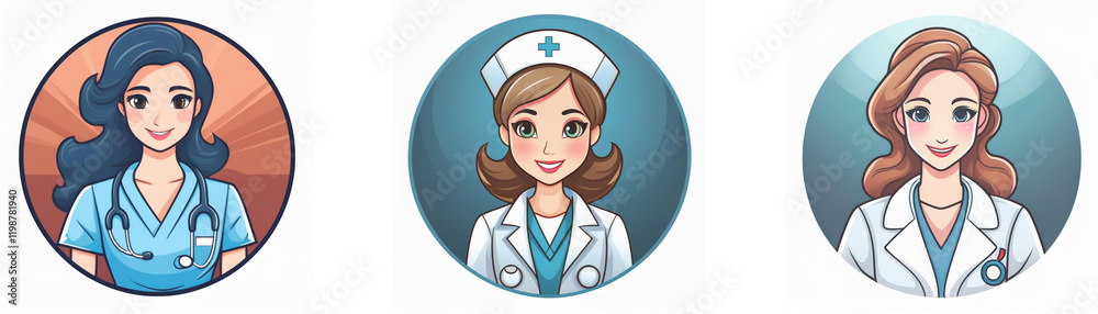 Three female medical professionals are depicted in circular profile illustrations, each with different hairstyles and uniforms. They represent nurses and doctors. Three female medical professionals are depicted in circular profile illustrations, each with different hairstyles and uniforms. They represent nurses and doctors.