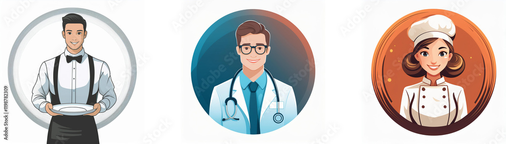 Three circular portraits showcase diverse professions: a waiter, a doctor, and a chef. Each avatar is illustrated in a simple, yet professional style. Three circular portraits showcase diverse professions: a waiter, a doctor, and a chef. Each avatar is illustrated in a simple, yet professional style.