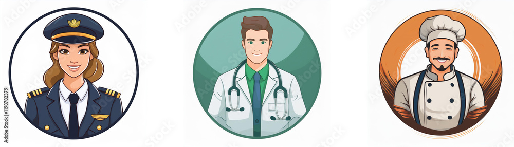 Fototapeta premium Three circular portraits depict a pilot, doctor, and chef; showcasing diverse professions.