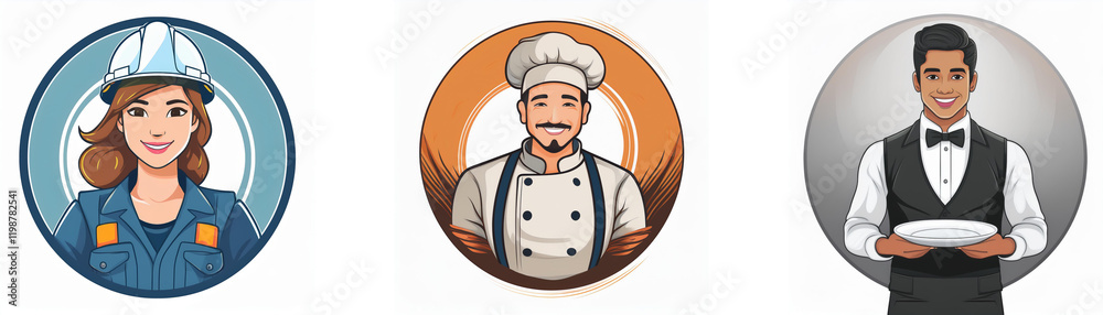 Circular icons depict diverse professions: a female engineer, a male chef, and a male waiter. Each represents a unique career path. Circular icons depict diverse professions: a female engineer, a male chef, and a male waiter. Each represents a unique career path.