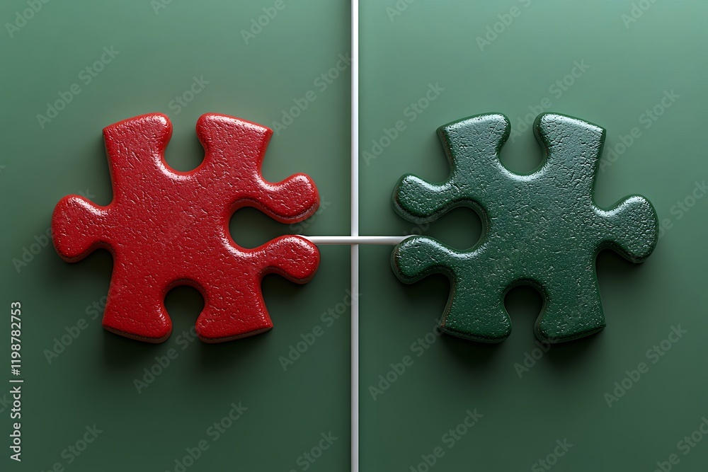 Fototapeta premium Two puzzle pieces, red and green, separated by a white line, symbolizing connection.