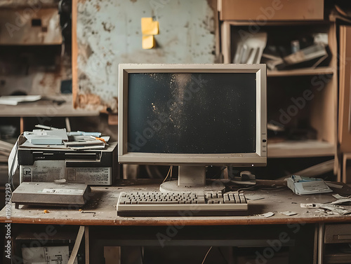 An abandoned table with a dusty computer monitor
