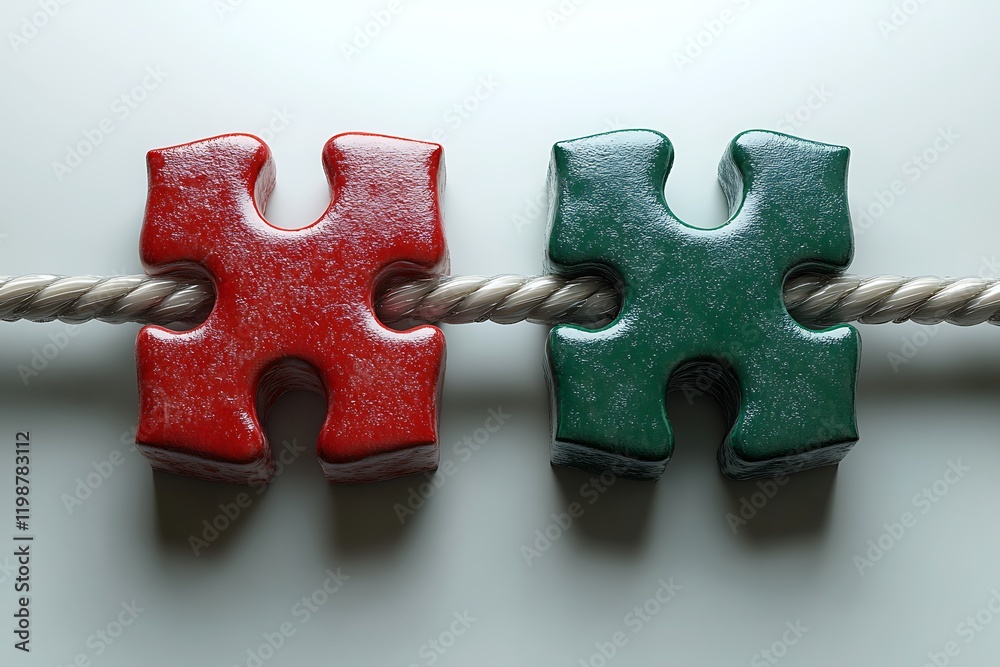 Fototapeta premium Connected Puzzle Pieces on a Cord, Representing Unity