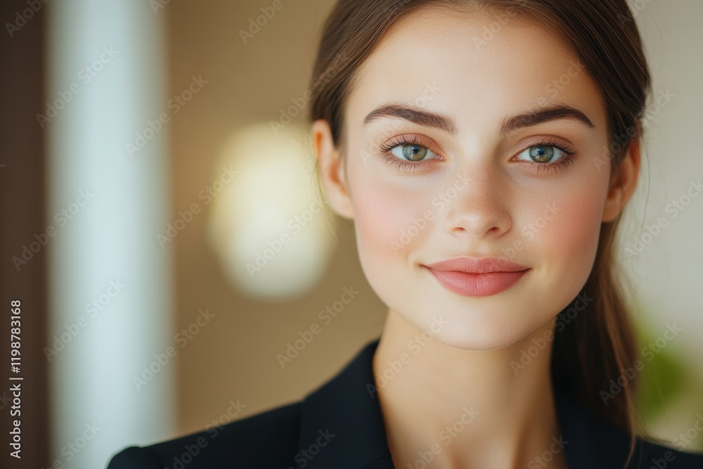 Portrait of a Confident Young Woman with Natural Makeup and Blurred Background