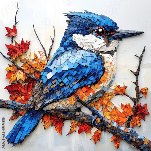 A vibrant mosaic artwork depicting a Belted Kingfisher perched on a branch amidst autumn leaves. photo