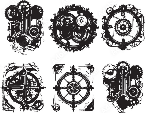 A set of minimalistic steampunk silhouettes for flat design. Hand drawn vector illustration