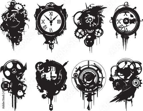 A set of minimalistic steampunk silhouettes for flat design. Hand drawn vector illustration