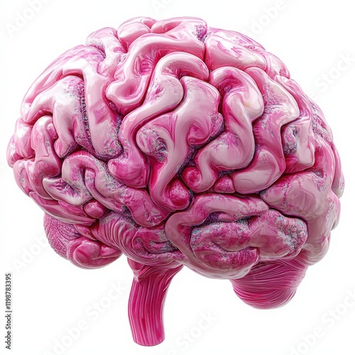 A 3D rendering of a pink human brain with a glossy texture. photo