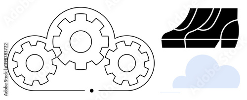 Three interlocking gears inside a cloud shape, a cloud icon, and server racks. Ideal for cloud computing, networking, technology, automation, data management, engineering digital transformation