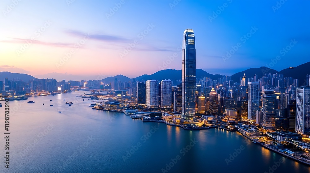 Obraz premium Scenic Sunset Over Hong Kong Skyline and Harbour with Tall Skyscrapers and Mountain Backdrop : Generative AI