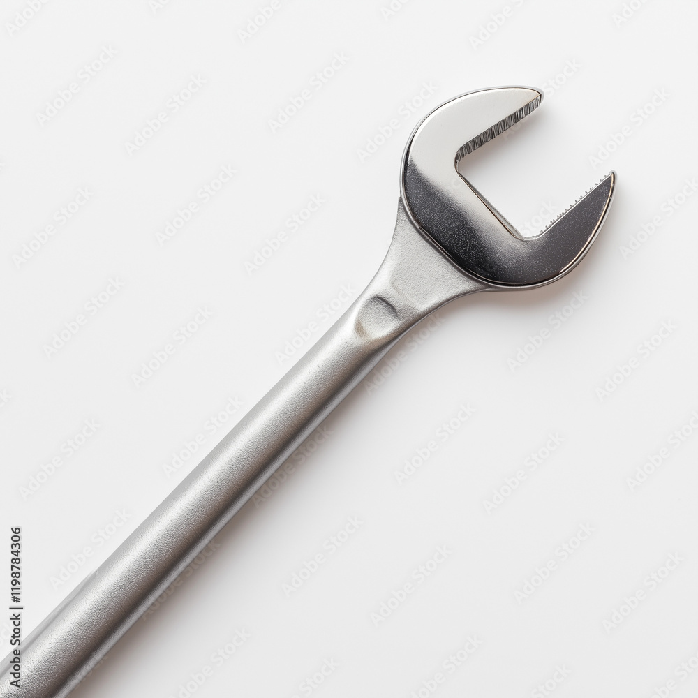 A silver wrench is shown in a close up