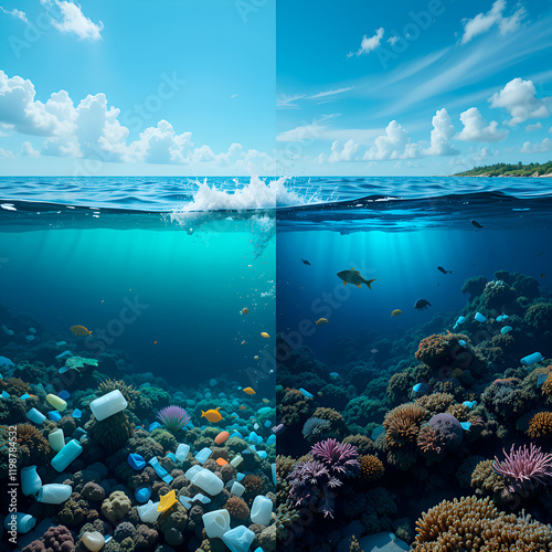 A collage of two scenes: a dirty sea filled with plastic waste, and a clean ocean with fish and coral.