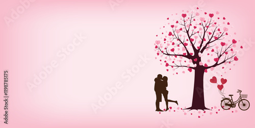 Romantic Valentine's Day Vector with Couple Hugging Under Heart Tree and Bicycle Scene