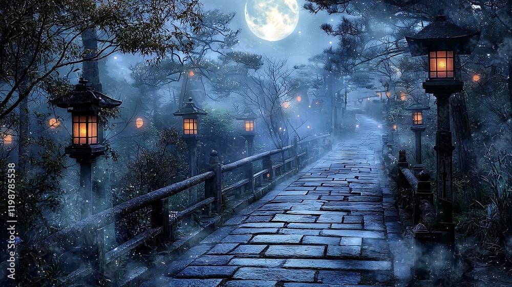 Naklejka premium Moonlit stone bridge, misty forest path, lanterns, night scene, fantasy