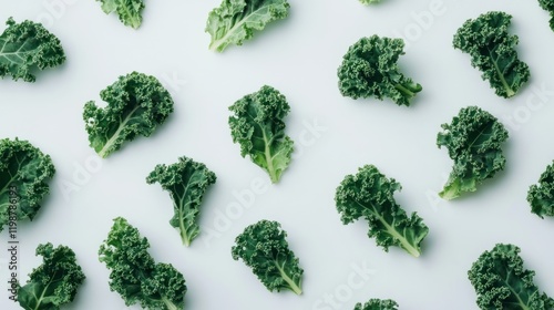 Fresh kale leaves arranged in a symmetrical pattern on a white background. photo