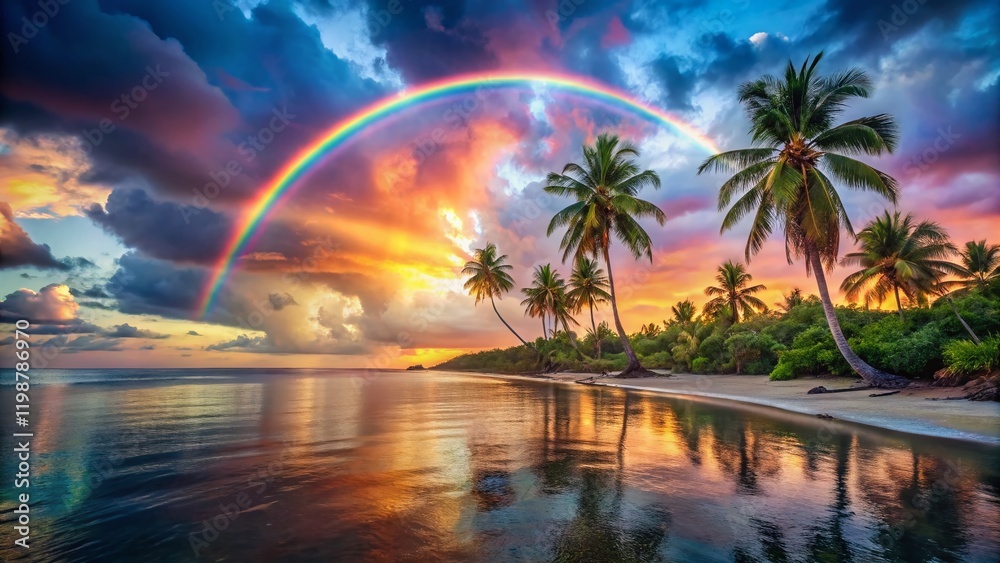 Naklejka premium Vibrant Tropical Sunset Beach Paradise: Rainbow Arch over Palm Trees