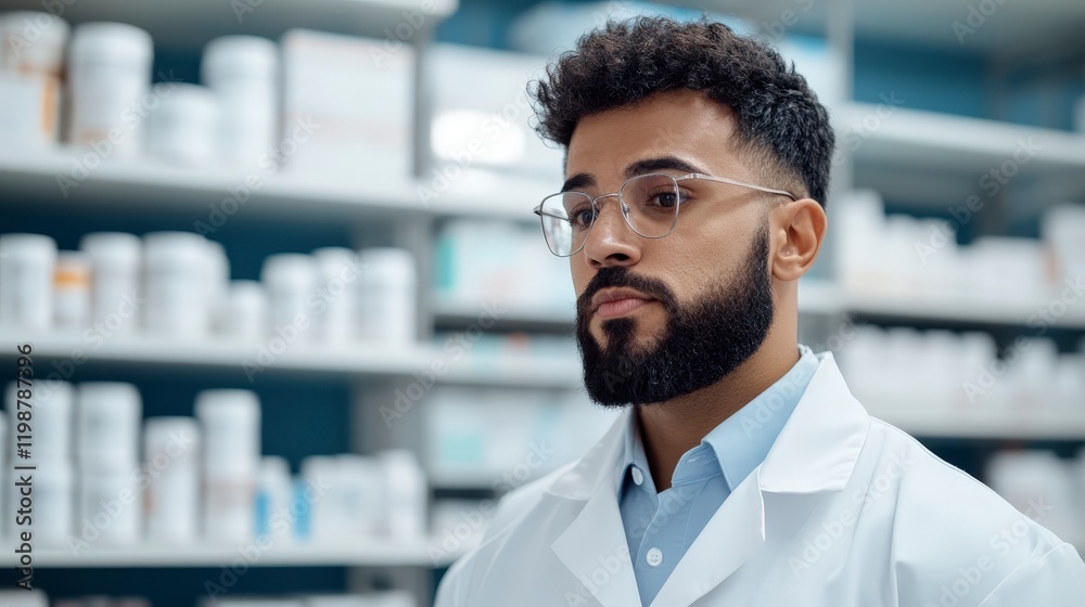Fototapeta premium Professional pharmacist with glasses standing in modern pharmacy interior