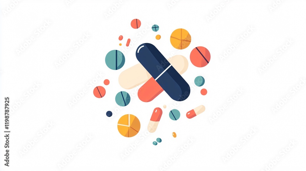 Colorful capsules and tablets on white background. Modern flat vector illustration. Perfect for healthcare and medical topics. Explore the world of medicine and pharmacy with this vibrant design. Colorful capsules and tablets on white background. Modern flat vector illustration. Perfect for healthcare and medical topics. Explore the world of medicine and pharmacy with this vibrant design.
