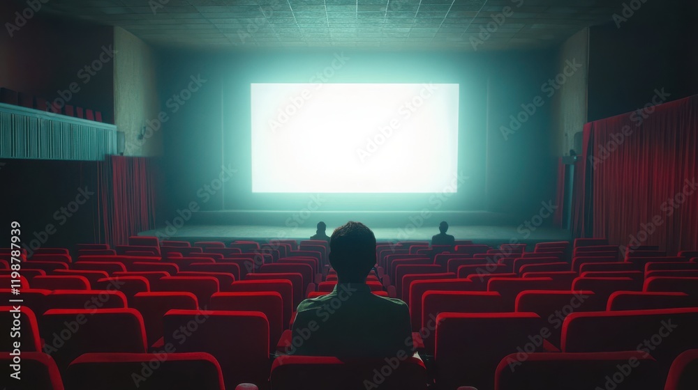 People in the cinema auditorium with Cinema blank wide screen and red chairs in the cinema hall,People silhouettes watching movie performance,empty white screen,space for text,copy space. People in the cinema auditorium with Cinema blank wide screen and red chairs in the cinema hall,People silhouettes watching movie performance,empty white screen,space for text,copy space.