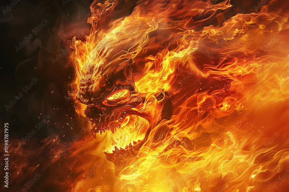 Fototapeta premium Scary sinister devil is in hell with dramatic bright fire lighting, abstract vivid composition consists of fictional unreal fantastic vision on background