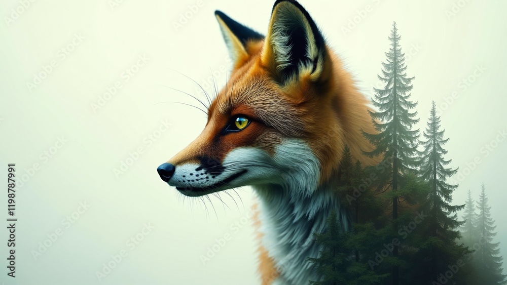 Obraz premium Double exposure portrait of a fox blends with an ancient green forest