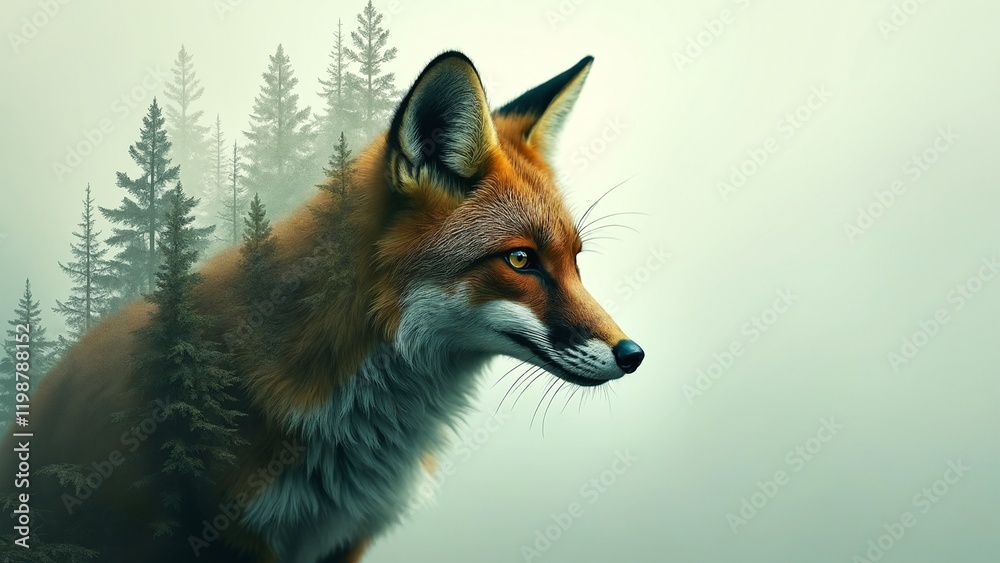 Fototapeta premium Double exposure portrait of a fox blends with an ancient green forest