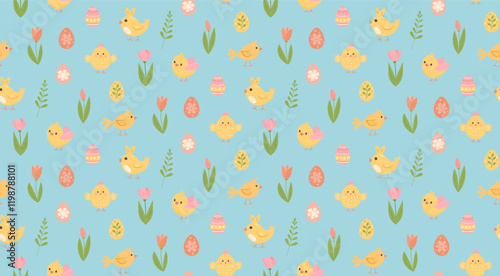 Seamless pattern with cute chicks, tulips and Easter eggs on blue background.