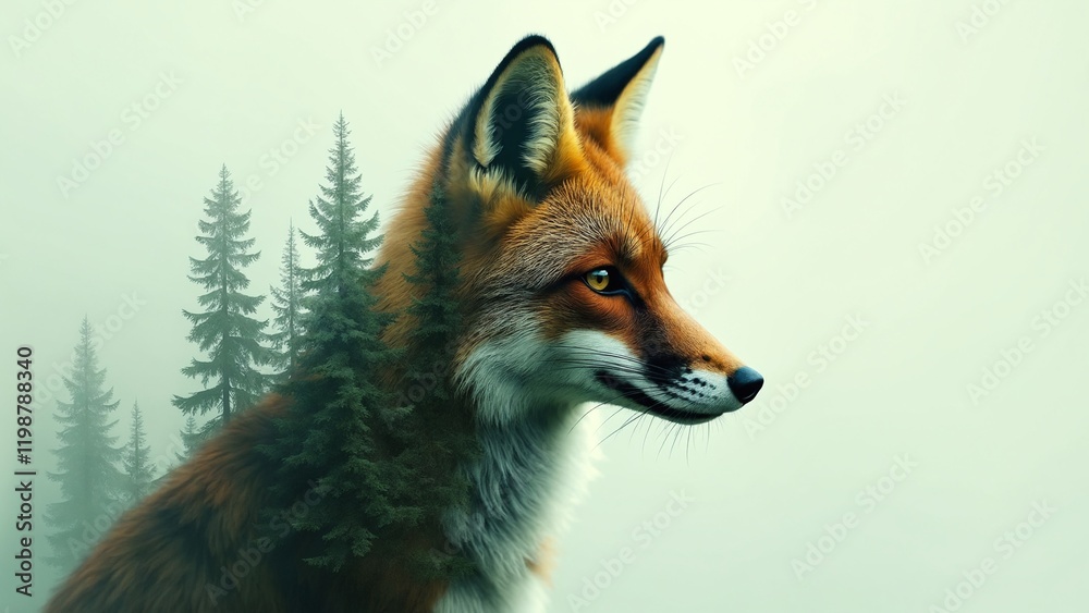 Obraz premium Double exposure portrait of a fox blends with an ancient green forest