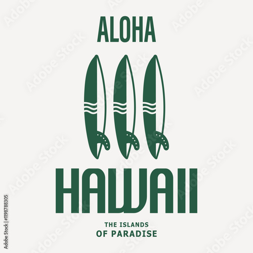 Minimalist Hawaii surfboard design featuring "Aloha" text and three surfboards. Perfect for beachwear, tropical-themed projects, and souvenirs. Evokes the carefree spirit of Hawaiian surf culture.