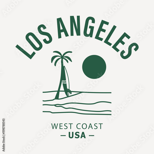 Stylish Los Angeles design featuring a palm tree, surfboard, and minimalist ocean scenery. Perfect for West Coast-themed projects, apparel, and travel souvenirs. Captures sunny California vibes.
