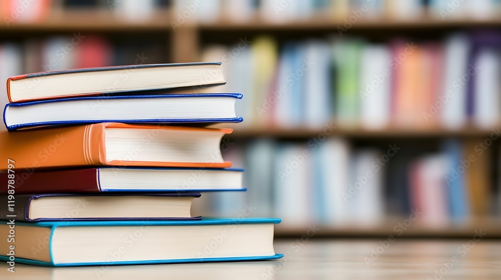 Stack of Books on Table with Blurred Library Background : Generative AI Stack of Books on Table with Blurred Library Background : Generative AI