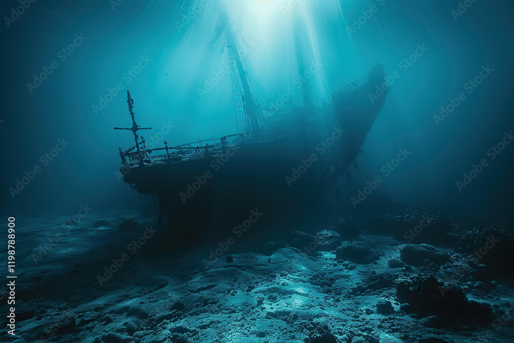 Underwater view of an old sunken ship on seabed with fish swimming around, abstract vivid composition consists of fictional unreal fantastic vision on background Underwater view of an old sunken ship on seabed with fish swimming around, abstract vivid composition consists of fictional unreal fantastic vision on background