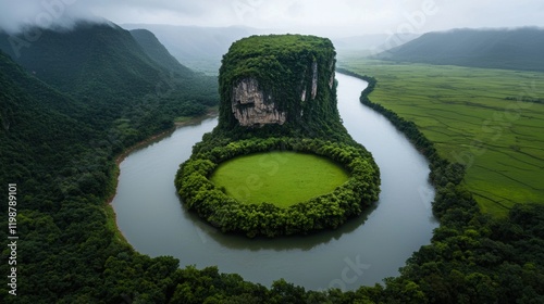 a green circular island sits in the middle of a river photo