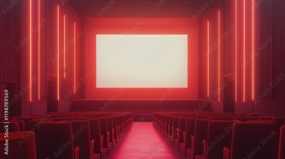 Fototapeta premium People in the cinema auditorium with Cinema blank wide screen and red chairs in the cinema hall,People silhouettes watching movie performance,empty white screen,space for text,copy space.
