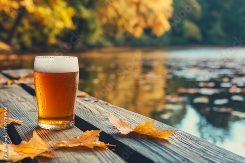 Autumn Ale Glass on Lakeside Dock Surrounded by Colorful Leaves photo