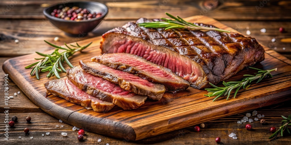 Juicy medium rare grilled beef ribeye steak sliced thinly on a wooden cutting board , grill, meat, grill, meat, restaurant, sliced Juicy medium rare grilled beef ribeye steak sliced thinly on a wooden cutting board , grill, meat, grill, meat, restaurant, sliced
