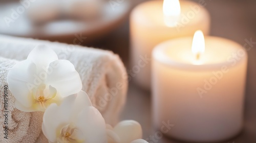 Relaxing Spa Setting with Soft Candlelight and Fresh Orchid Petals : Generative AI