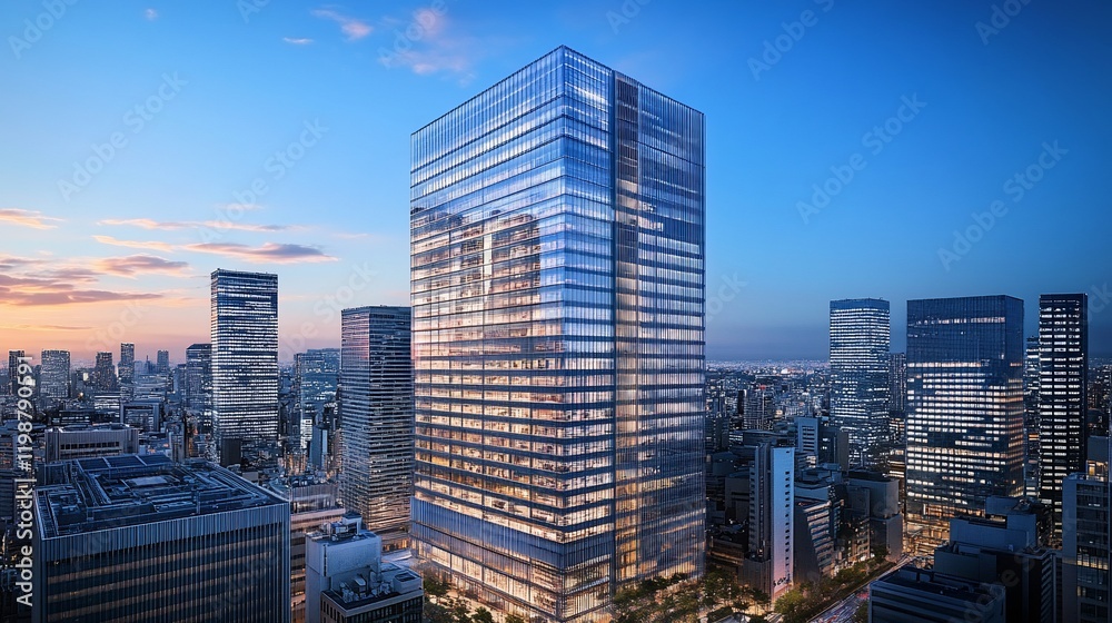 Modern glass skyscraper at sunset in a cityscape. Modern glass skyscraper at sunset in a cityscape.