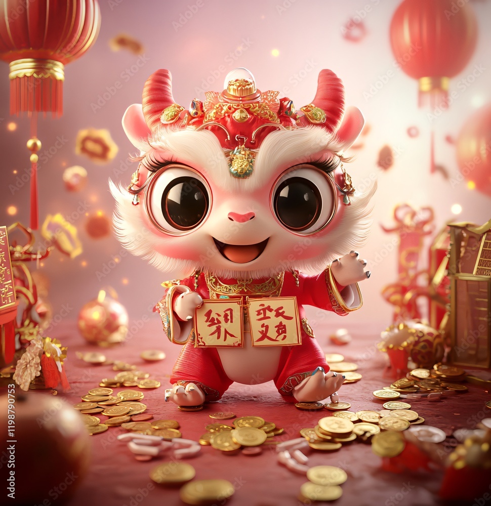 Naklejka premium Adorable Cartoon Goat in Red Chinese New Year Outfit with Gold Coins