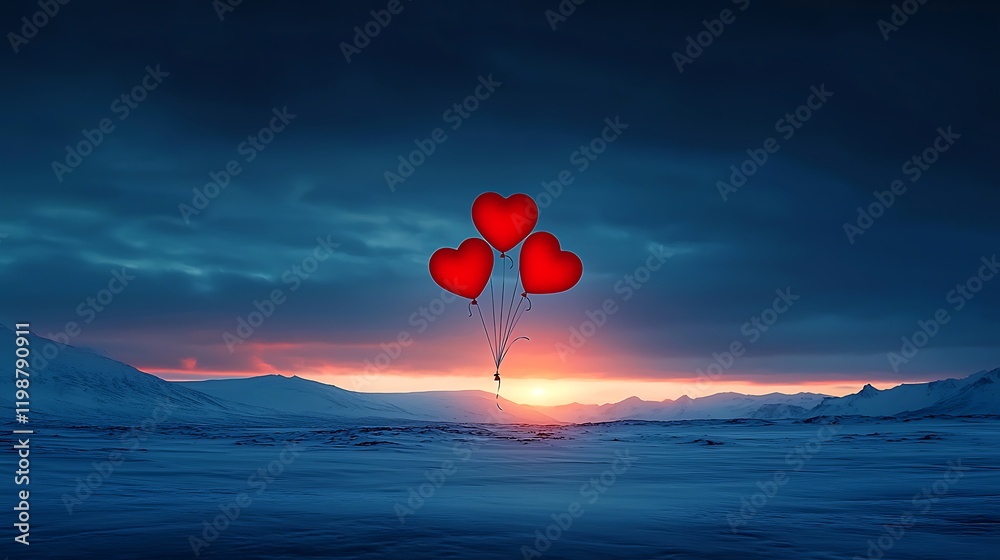Obraz premium Serene Moment Captured at Sunset with Heart-Shaped Balloons Floating in a Dreamy Landscape Featuring Calm Waters and Gentle Colors